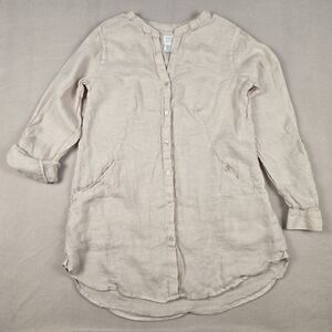Sigrid Olsen 100% Linen Women's Small Button Front Blouse Tunic Beige 2 Pockets